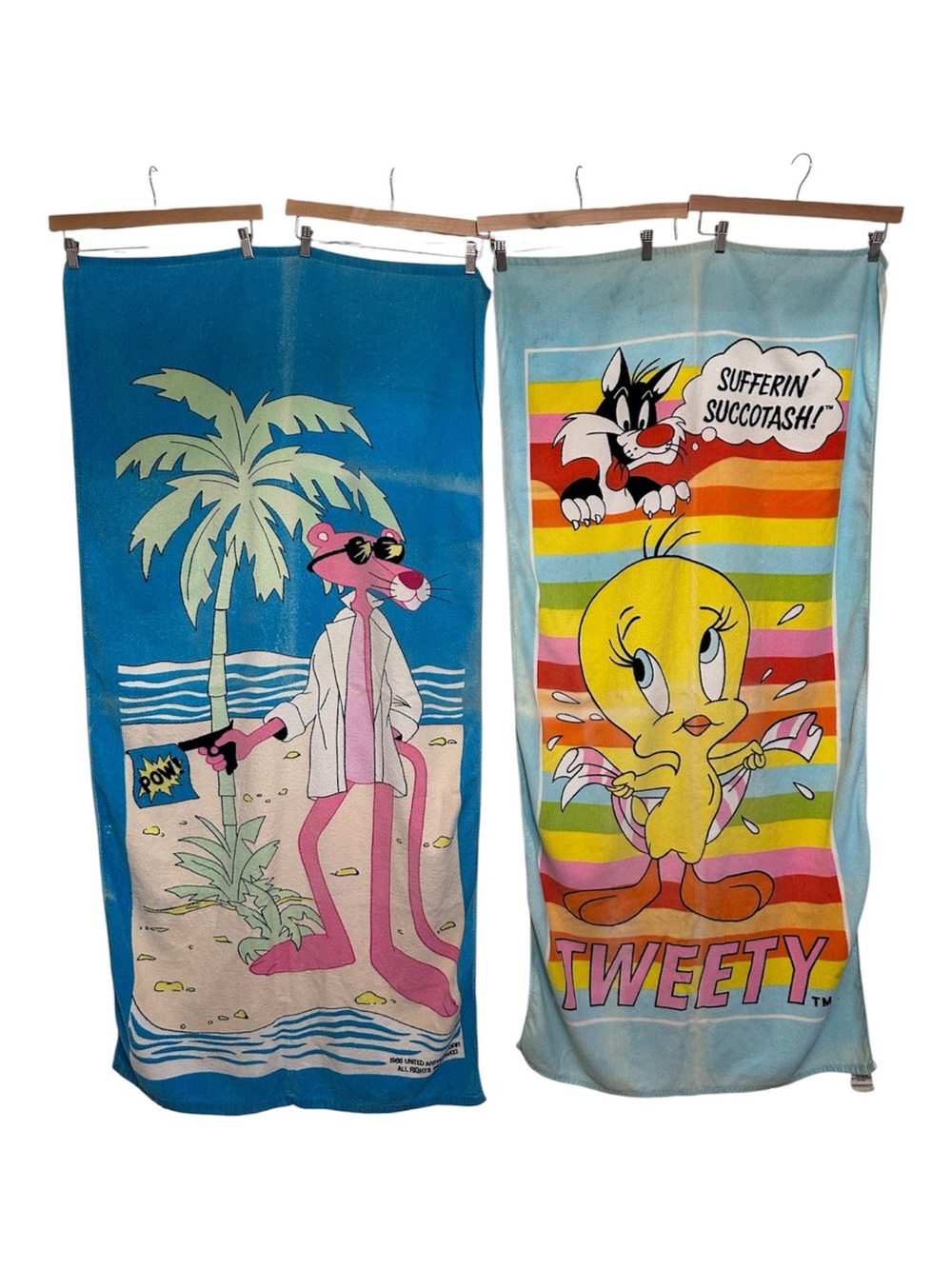 (Lot of 2) 80s Looney Tunes Beach Towels Pink Panther Pow Tweety Bird Sylvester